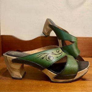 John Fluevog wooden and leather platform slides
